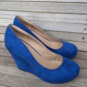 Blue suede wedges